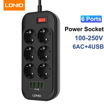 LDNIO Power Strip Европейская Вилка 6 Портов переменного тока 4 Порта USB Розетка С Удлинительным Проводом Внутренний Сетевой фильтр Адаптер для розетки