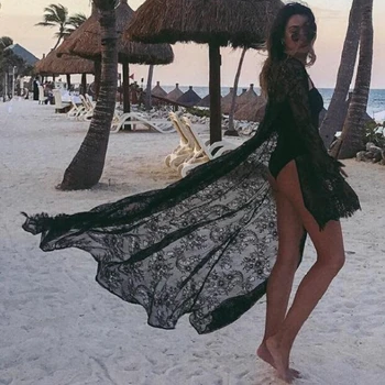 Сексуальное кружевное вязаное крючком пляжное бикини, женское длинное платье Макси, Открытый Свободный халат, Саронг, кафтан, купальник, пляжная одежда