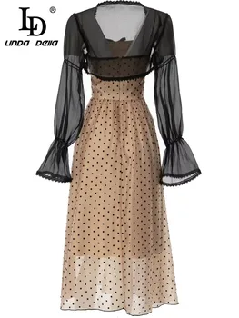 LD LINDA DELLA/ Летний Модный Дизайнерский комплект Одежды, Женский Черный Топ с длинным рукавом + Сексуальное платье на бретельках в горошек, костюм из 2 предметов