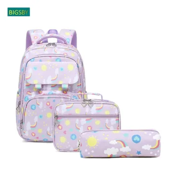 Новые Сумки для начальной школы с мультяшным принтом для девочек, Детские рюкзаки с коробками для ланча, милые школьные сумки для подростков, Mochila