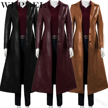 Женская Длинная кожаная куртка Mandylandy, Женские Элегантные пальто из выстиранной искусственной кожи, Тренч, женская верхняя одежда