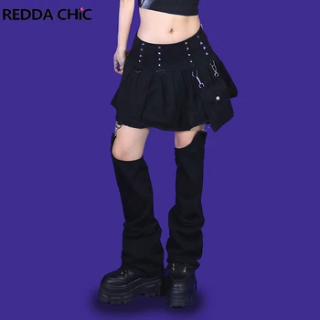 REDDACHiC Черная Мини-Плиссированная Джинсовая юбка в готическом Стиле для Девочек с Заклепками, Карманами и Гетрами, Съемная Y2k Grunge Harajuku Acubi Fashion