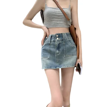Джинсовая короткая юбка большого размера, женская поясная сумка с высокой талией, модная мини-юбка Spice Girl, защита от выпадения, дизайн, нишевая мини-юбка