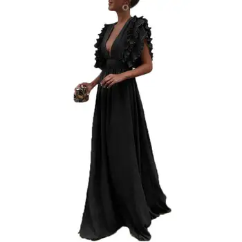 Женское платье для выпускного вечера с развевающимися рукавами, оборками, глубоким V-образным вырезом, Плиссированное платье Длиной до пола, Вечернее платье с высокой талией, Коктейльное танцевальное