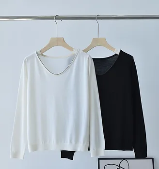 Белый или черный женский свитер с бисером из 100% шерсти, Свободный Женский пуловер с V-образным вырезом и длинным рукавом, осень 2023